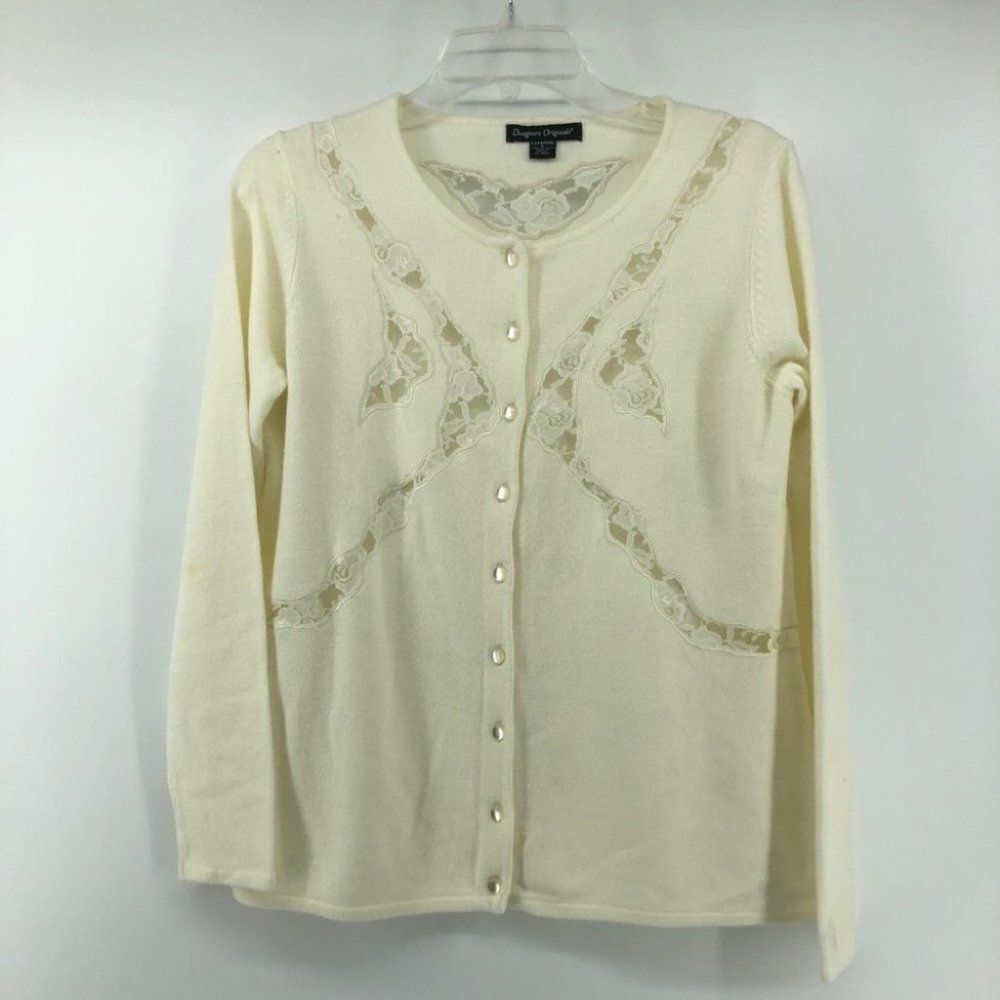 Vintage Designers Originals Lace Cardigan Sweater Button Up Cream Cottagecore SC